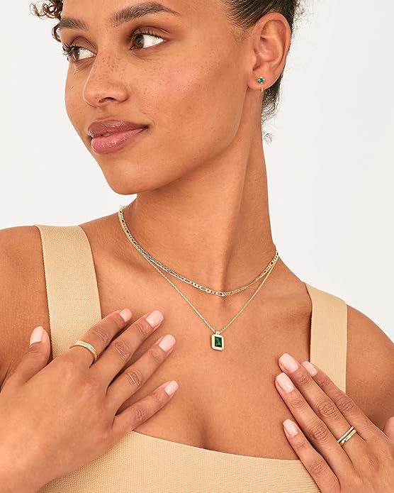 925 Sterling Silver chain Plated Layered Necklaces for Women | Gemstone Pendant Figaro Chain Necklace | Carnelian, Green Aventurine, Malachite Layering Necklace XL-028