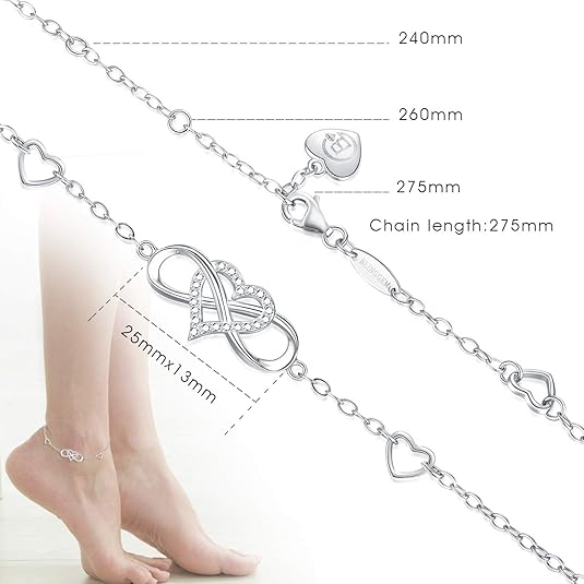 Anklets for Women 925 Sterling Silver Infinity Hear Ankle Bracelet Cubic Zirconia Rose Gold Summer Beach Stylish Foot Chain Summer Vacation Jewelry Gift for Mom Women JL-016