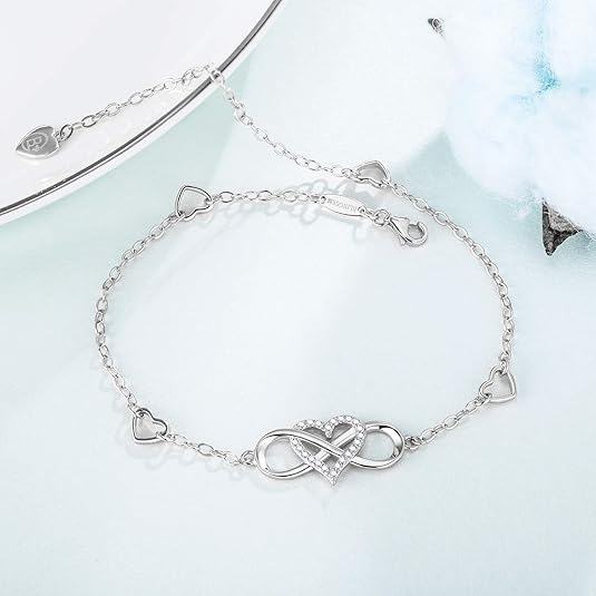 Anklets for Women 925 Sterling Silver Infinity Hear Ankle Bracelet Cubic Zirconia Rose Gold Summer Beach Stylish Foot Chain Summer Vacation Jewelry Gift for Mom Women JL-016
