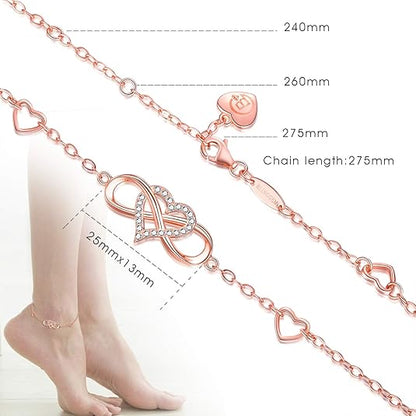 Anklets for Women 925 Sterling Silver Infinity Hear Ankle Bracelet Cubic Zirconia Rose Gold Summer Beach Stylish Foot Chain Summer Vacation Jewelry Gift for Mom Women JL-016