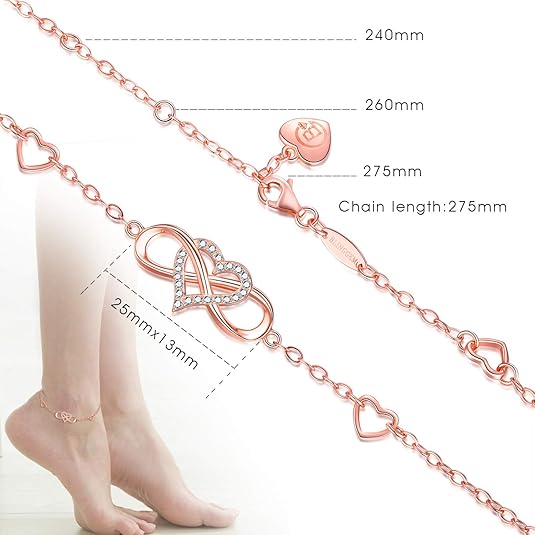 Anklets for Women 925 Sterling Silver Infinity Hear Ankle Bracelet Cubic Zirconia Rose Gold Summer Beach Stylish Foot Chain Summer Vacation Jewelry Gift for Mom Women JL-016
