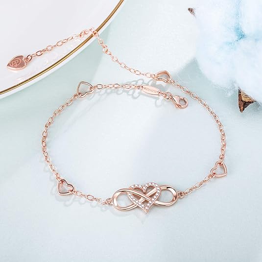 Anklets for Women 925 Sterling Silver Infinity Hear Ankle Bracelet Cubic Zirconia Rose Gold Summer Beach Stylish Foot Chain Summer Vacation Jewelry Gift for Mom Women JL-016