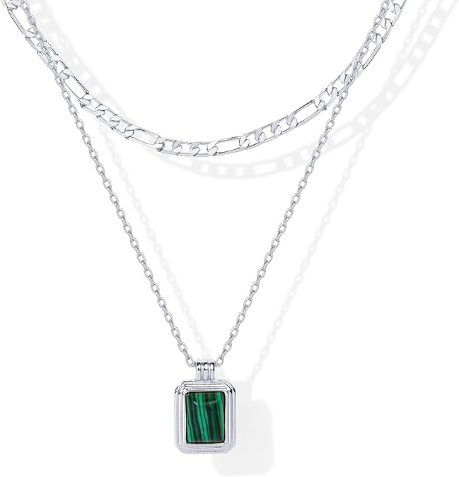 925 Sterling Silver chain Plated Layered Necklaces for Women | Gemstone Pendant Figaro Chain Necklace | Carnelian, Green Aventurine, Malachite Layering Necklace XL-028