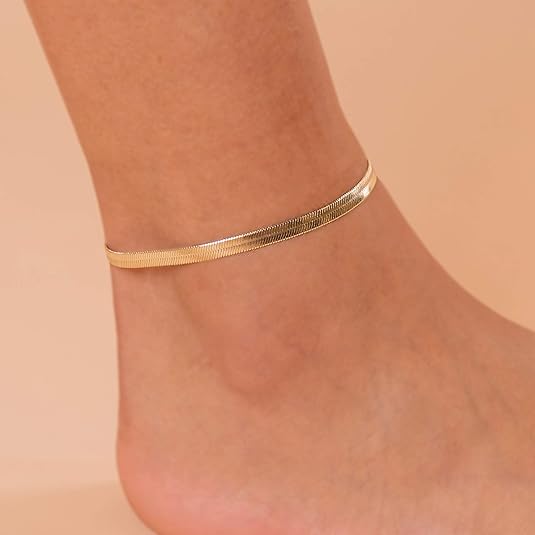 14K-18K Gold Plated Charm Link Flat Gold Anklets for Women | Beaded Paperclip Snake Chain Jewelry Anklets JL-017
