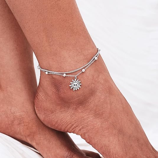 Dainty Anklets S925 Sterling Silver Summer Layered Anklet Bracelet Adjustable Multilayer Beach Anklet Bracelet Foot Jewelry for Women 10-11 Inches JL-020
