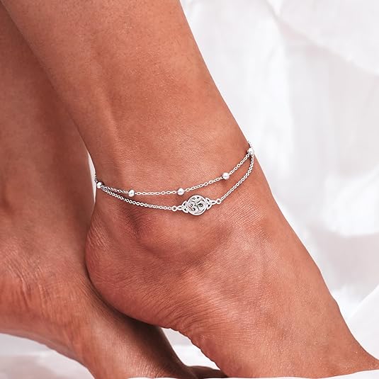 Dainty Anklets S925 Sterling Silver Summer Layered Anklet Bracelet Adjustable Multilayer Beach Anklet Bracelet Foot Jewelry for Women 10-11 Inches JL-020