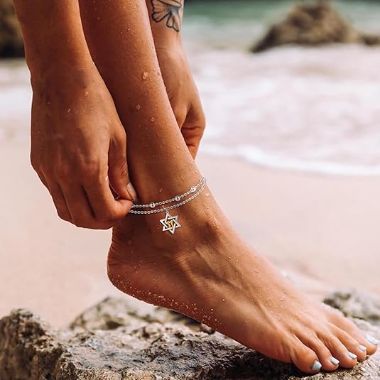 Dainty Anklets S925 Sterling Silver Summer Layered Anklet Bracelet Adjustable Multilayer Beach Anklet Bracelet Foot Jewelry for Women 10-11 Inches JL-020