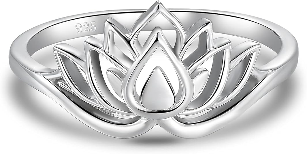 925 Sterling Silver Ring, Lotus Flower Yoga High Polish Tarnish Resistant Comfort Fit Wedding Band Ring JZ-033