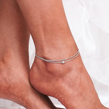 925 Sterling Silver Ankle Bracelet Multilayer Anklets for Women Satellite, Star, Cross, Circle, Butterfly, Teardrop, Oval Disk Layered Anklet Beach Jewelry JL-034