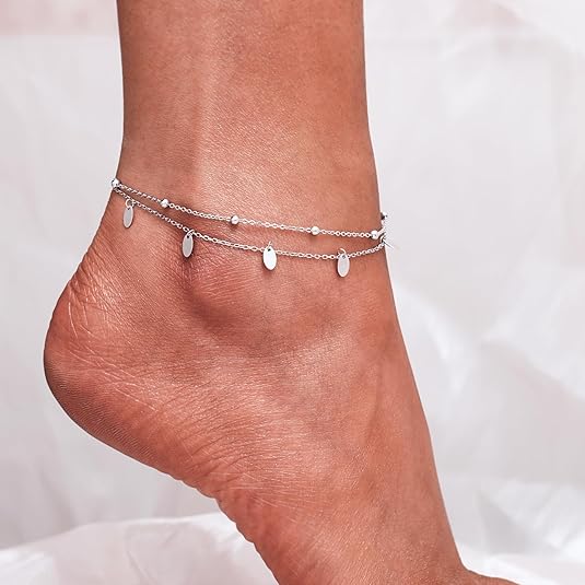 925 Sterling Silver Ankle Bracelet Multilayer Anklets for Women Satellite, Star, Cross, Circle, Butterfly, Teardrop, Oval Disk Layered Anklet Beach Jewelry JL-035