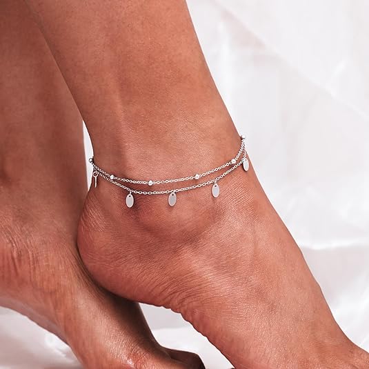 925 Sterling Silver Ankle Bracelet Multilayer Anklets for Women Satellite, Star, Cross, Circle, Butterfly, Teardrop, Oval Disk Layered Anklet Beach Jewelry JL-035