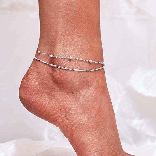 925 Sterling Silver Ankle Bracelet Multilayer Anklets for Women Satellite, Star, Cross, Circle, Butterfly, Teardrop, Oval Disk Layered Anklet Beach Jewelry JL-036