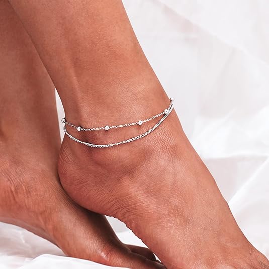 925 Sterling Silver Ankle Bracelet Multilayer Anklets for Women Satellite, Star, Cross, Circle, Butterfly, Teardrop, Oval Disk Layered Anklet Beach Jewelry JL-036