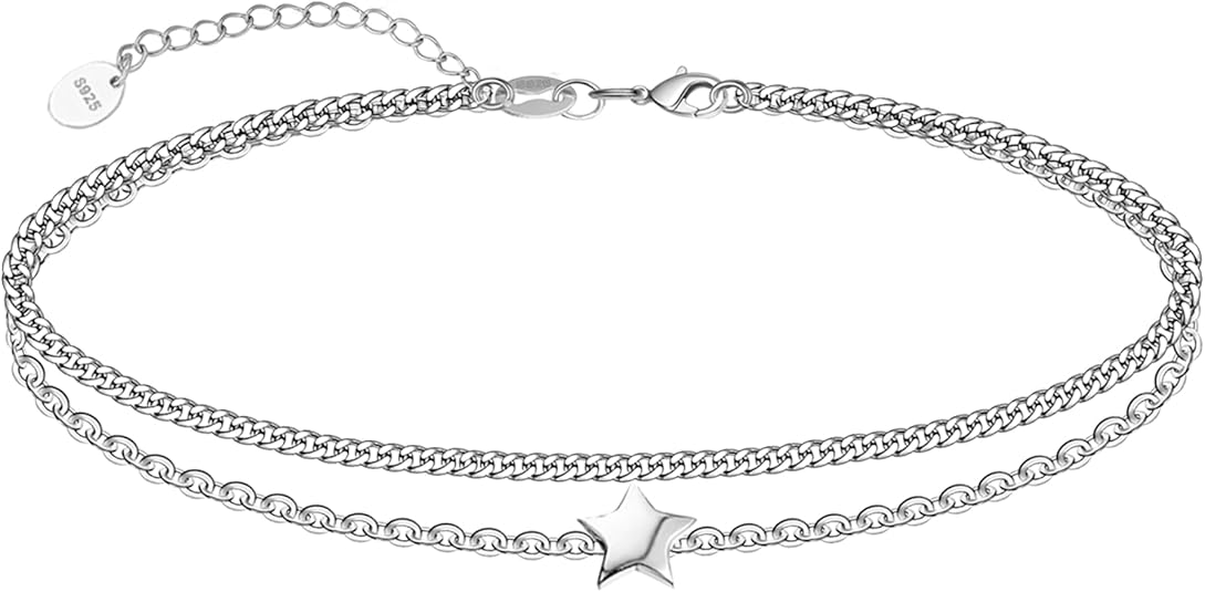 Sterling Silver Ankle Bracelet Multilayer Anklets for Women Satellite, Star, Cross, Circle, Butterfly, Teardrop, Oval Disk Layered Anklet Beach Jewelry JL-037