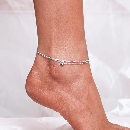 Sterling Silver Ankle Bracelet Multilayer Anklets for Women Satellite, Star, Cross, Circle, Butterfly, Teardrop, Oval Disk Layered Anklet Beach Jewelry JL-037