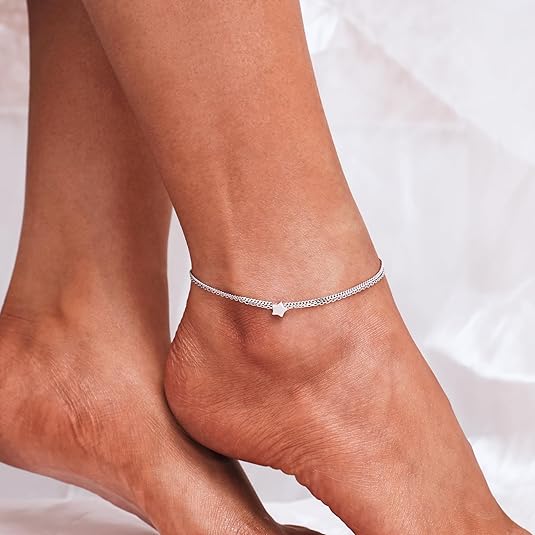 Sterling Silver Ankle Bracelet Multilayer Anklets for Women Satellite, Star, Cross, Circle, Butterfly, Teardrop, Oval Disk Layered Anklet Beach Jewelry JL-037