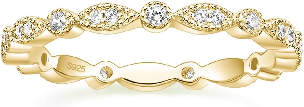 925 Sterling Silver Band for Women Cubic Zirconia Marquise & Round Milgrain Full Eternity Stackable Ring JZ-039