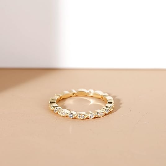 925 Sterling Silver Band for Women Cubic Zirconia Marquise & Round Milgrain Full Eternity Stackable Ring JZ-039