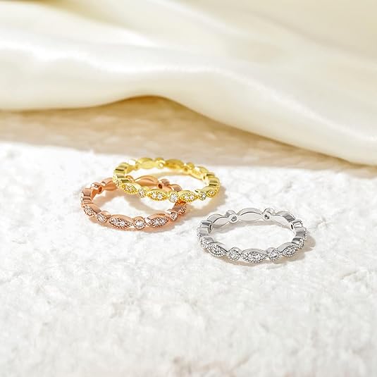 925 Sterling Silver Band for Women Cubic Zirconia Marquise & Round Milgrain Full Eternity Stackable Ring JZ-039