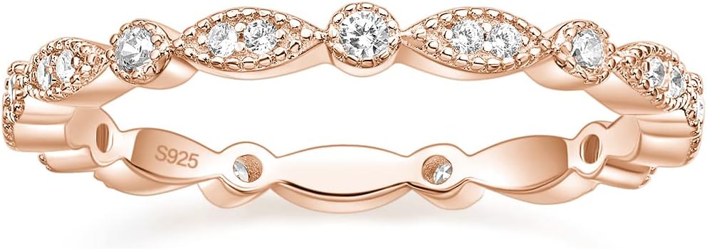 925 Sterling Silver Band for Women Cubic Zirconia Marquise & Round Milgrain Full Eternity Stackable Ring JZ-039