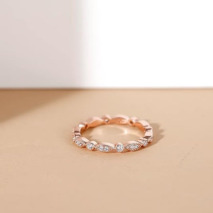 925 Sterling Silver Band for Women Cubic Zirconia Marquise & Round Milgrain Full Eternity Stackable Ring JZ-039