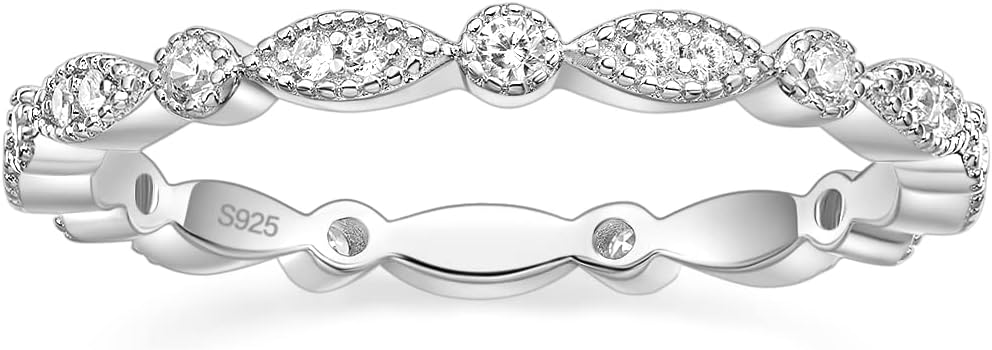 925 Sterling Silver Band for Women Cubic Zirconia Marquise & Round Milgrain Full Eternity Stackable Ring JZ-039