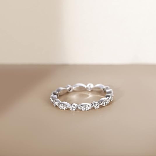 925 Sterling Silver Band for Women Cubic Zirconia Marquise & Round Milgrain Full Eternity Stackable Ring JZ-039