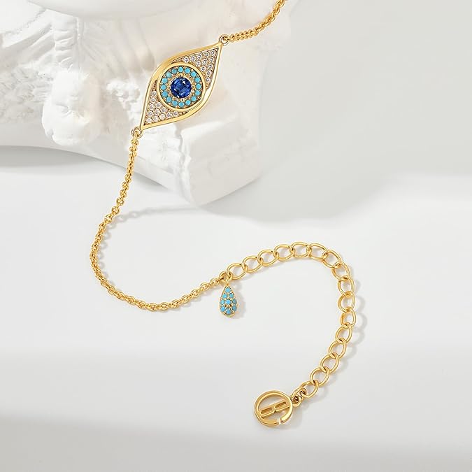 Womens Evil Eye Anklet 18k Gold Plated Brass Zirconia Trendy Adjustable Dainty Round Vacation Ankle Bracelets Jewelry Gifts JL-043