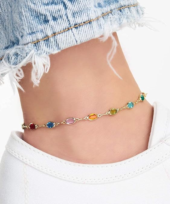 18K Gold Plated Gold and Multi Color Crystal Baguette Anklet JL-045
