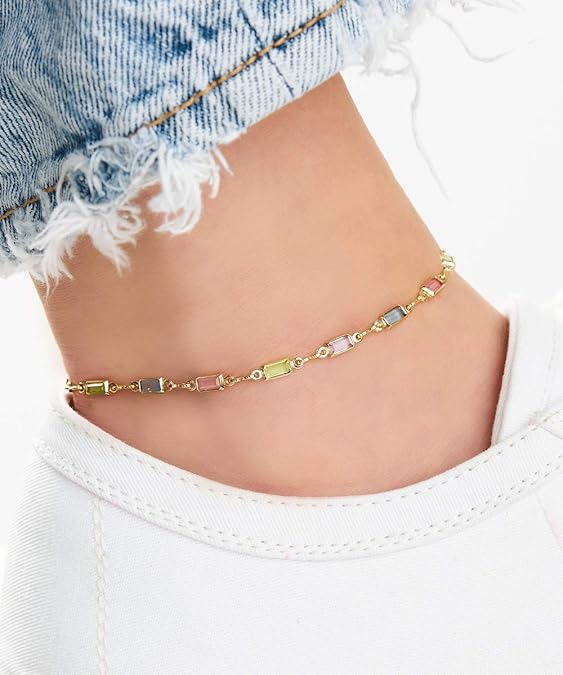 18K Gold Plated Gold and Multi Color Crystal Baguette Anklet JL-047