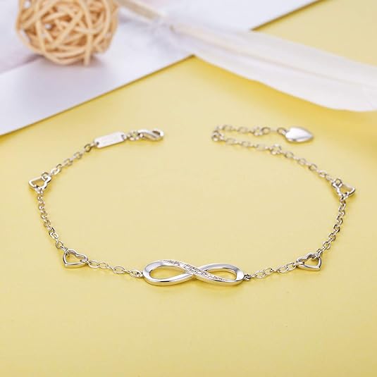 Womens 925 Sterling Silver Infinity Anklet Bracelet Endless Love Symbol Charm Adjustable Large Bracelet Gifts for Women JL-049