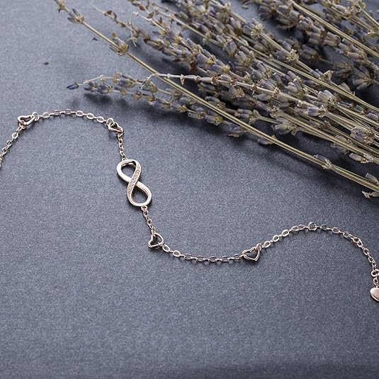 Womens 925 Sterling Silver Infinity Anklet Bracelet Endless Love Symbol Charm Adjustable Large Bracelet Gifts for Women JL-049
