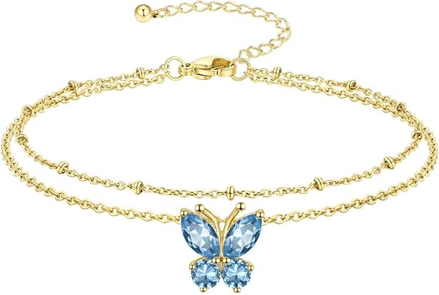 Double Layer Heart/Butterfly Birthstone Anklet for Women Non Tarnish Waterproof, Silver/Gold/Black Stainless Steel 8.5-10.5 Inch Adjustable Chain Anklets Jewelry Gifts for Her JL-050