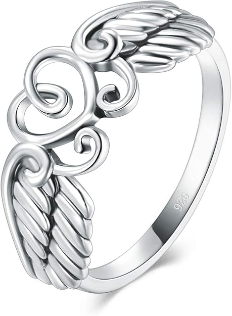 925 Sterling Silver Ring High Polish Heart Angel Wings Ring JZ-043