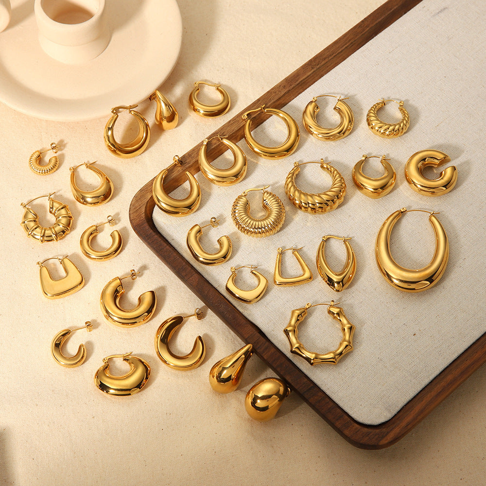 Gold Hoop Earrings Chunky Earrings Geometric Earrings Teardrop Earrings Bamboo Earrings EH-051Polished Earrings Vintage Earrings Statement Earrings Fashion Jewelry RH-051