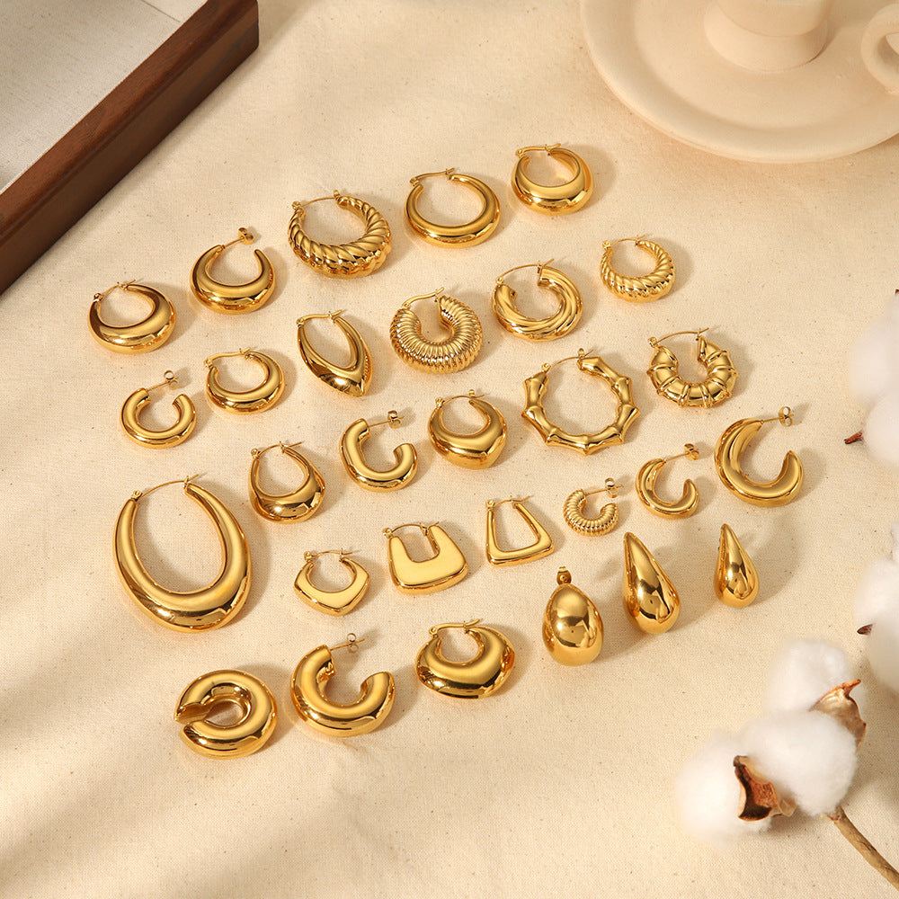Gold Hoop Earrings Chunky Earrings Geometric Earrings Teardrop Earrings Bamboo Earrings EH-051Polished Earrings Vintage Earrings Statement Earrings Fashion Jewelry RH-051