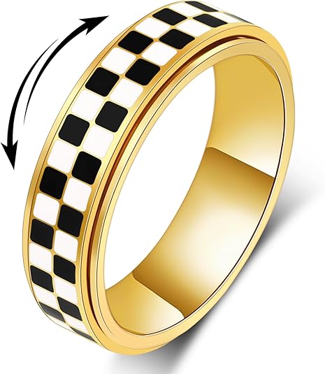 Fidget Ring for Anxiety Women Men, Black and White Checkered Pattern Stainless Steel Spinner Jewelry Anxiety Relief Items for Adults Gold Plated/Silver JZ-047