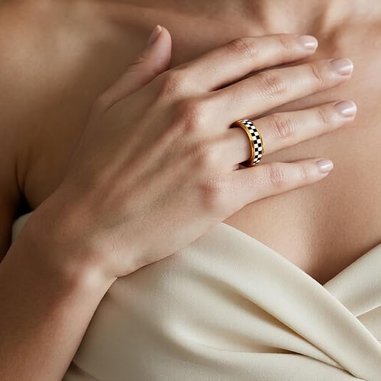 Fidget Ring for Anxiety Women Men, Black and White Checkered Pattern Stainless Steel Spinner Jewelry Anxiety Relief Items for Adults Gold Plated/Silver JZ-047