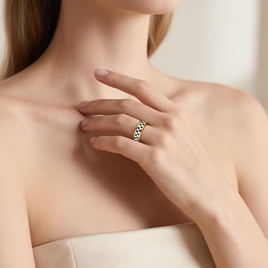 Fidget Ring for Anxiety Women Men, Black and White Checkered Pattern Stainless Steel Spinner Jewelry Anxiety Relief Items for Adults Gold Plated/Silver JZ-047