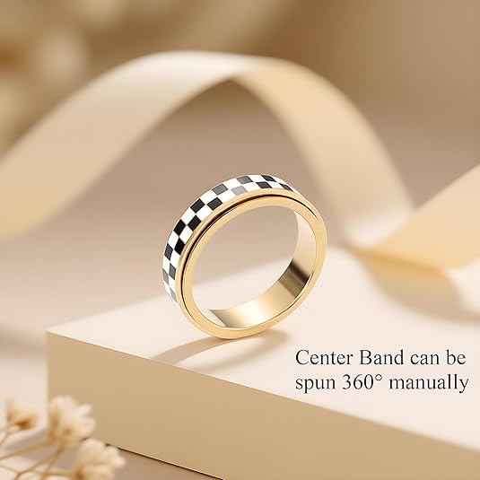 Fidget Ring for Anxiety Women Men, Black and White Checkered Pattern Stainless Steel Spinner Jewelry Anxiety Relief Items for Adults Gold Plated/Silver JZ-047