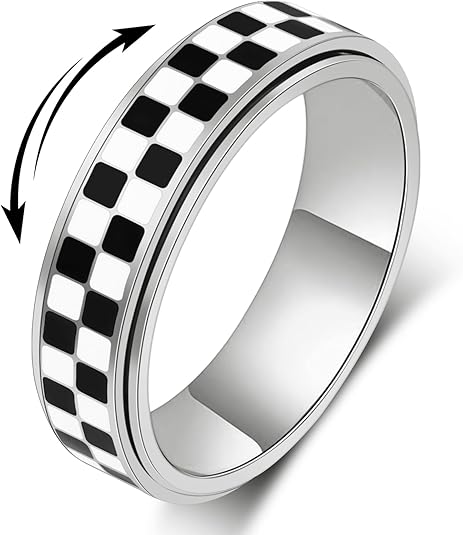 Fidget Ring for Anxiety Women Men, Black and White Checkered Pattern Stainless Steel Spinner Jewelry Anxiety Relief Items for Adults Gold Plated/Silver JZ-047
