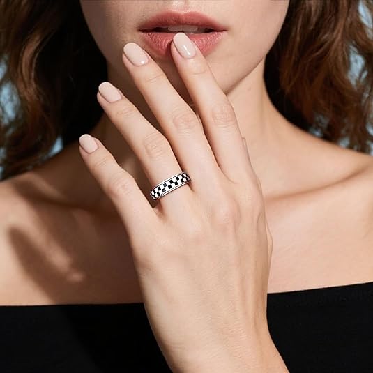 Fidget Ring for Anxiety Women Men, Black and White Checkered Pattern Stainless Steel Spinner Jewelry Anxiety Relief Items for Adults Gold Plated/Silver JZ-047