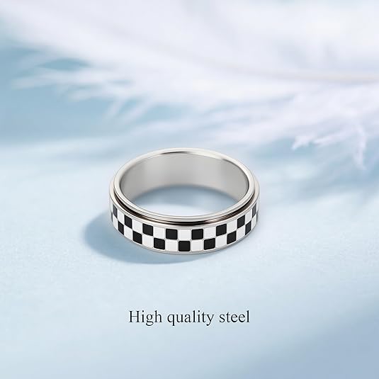 Fidget Ring for Anxiety Women Men, Black and White Checkered Pattern Stainless Steel Spinner Jewelry Anxiety Relief Items for Adults Gold Plated/Silver JZ-047