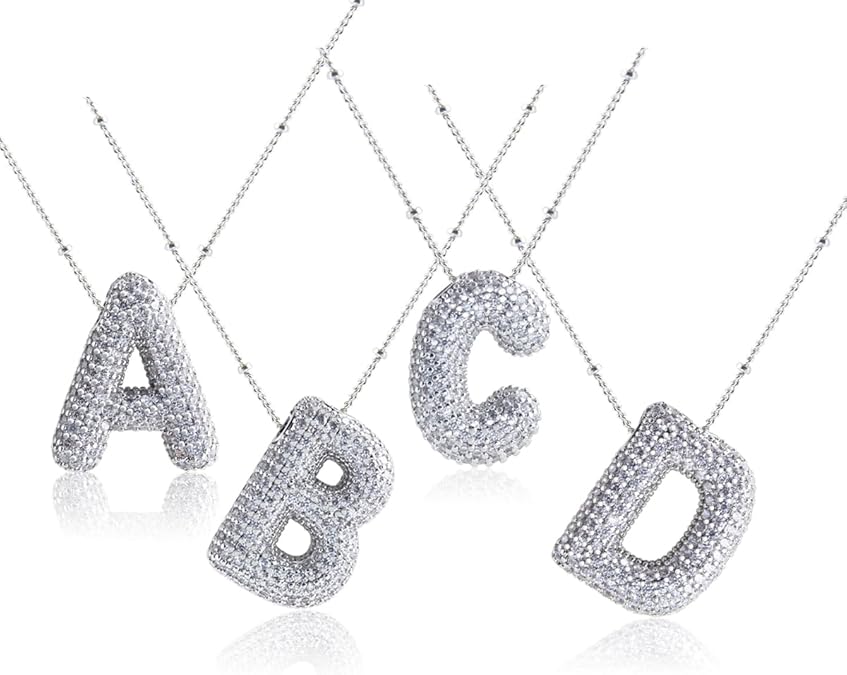 925 Sterling Silver chain Bubble Letter Necklace, 14K Gold Plated Balloon Initial Pendant Box Chain Necklace Dainty Pave CZ Jewelry Gift for Women XL-052