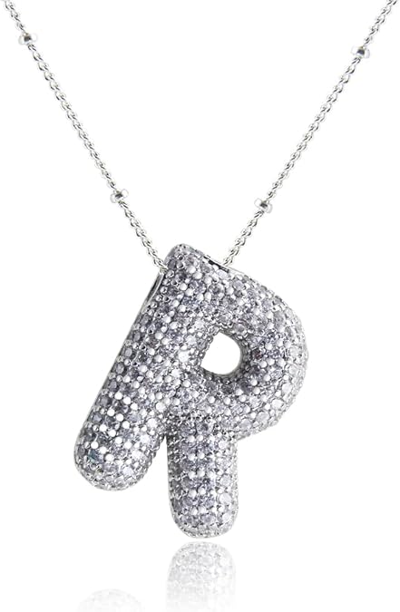 925 Sterling Silver chain Bubble Letter Necklace, 14K Gold Plated Balloon Initial Pendant Box Chain Necklace Dainty Pave CZ Jewelry Gift for Women XL-052