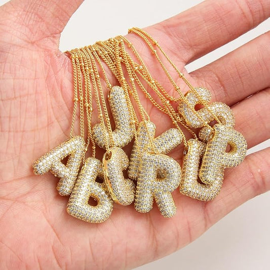 925 Sterling Silver chain Bubble Letter Necklace, 14K Gold Plated Balloon Initial Pendant Box Chain Necklace Dainty Pave CZ Jewelry Gift for Women XL-052