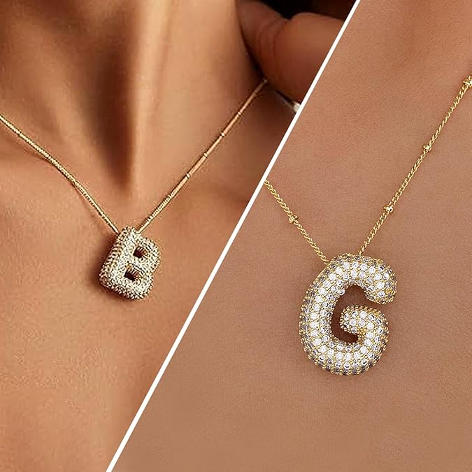 925 Sterling Silver chain Bubble Letter Necklace, 14K Gold Plated Balloon Initial Pendant Box Chain Necklace Dainty Pave CZ Jewelry Gift for Women XL-052