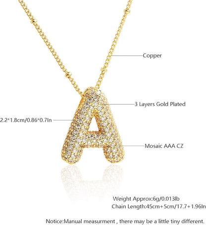 925 Sterling Silver chain Bubble Letter Necklace, 14K Gold Plated Balloon Initial Pendant Box Chain Necklace Dainty Pave CZ Jewelry Gift for Women XL-052