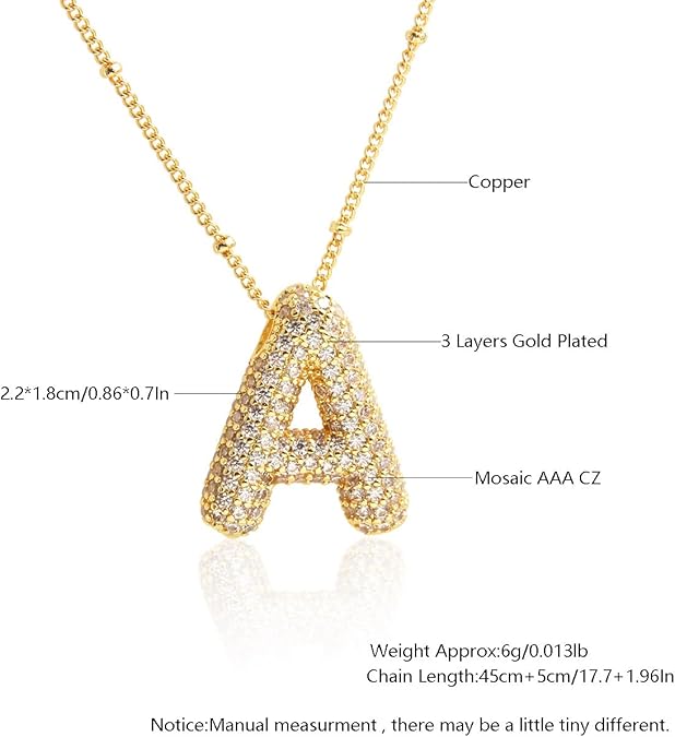 925 Sterling Silver chain Bubble Letter Necklace, 14K Gold Plated Balloon Initial Pendant Box Chain Necklace Dainty Pave CZ Jewelry Gift for Women XL-052