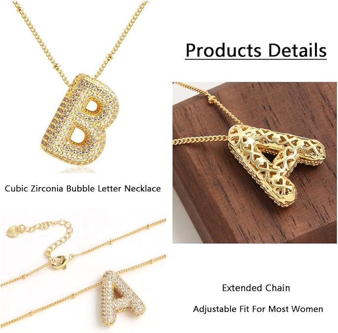 925 Sterling Silver chain Bubble Letter Necklace, 14K Gold Plated Balloon Initial Pendant Box Chain Necklace Dainty Pave CZ Jewelry Gift for Women XL-052